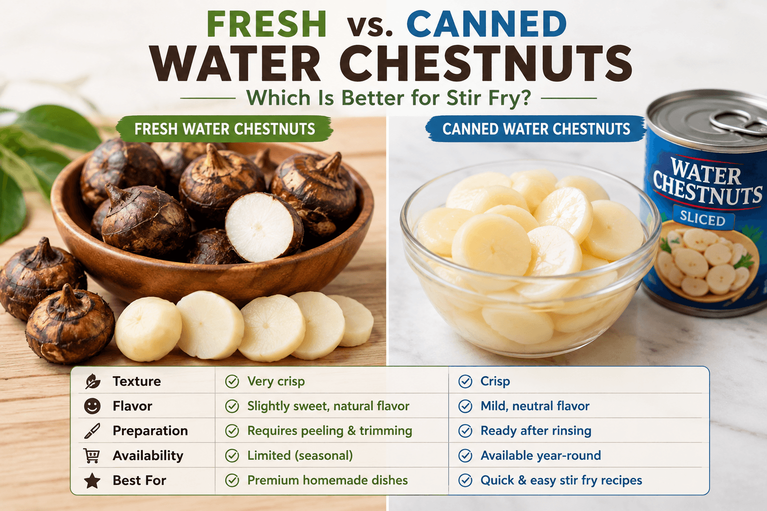 Fresh and canned water chestnuts compared for the best water chestnuts stir fry recipes