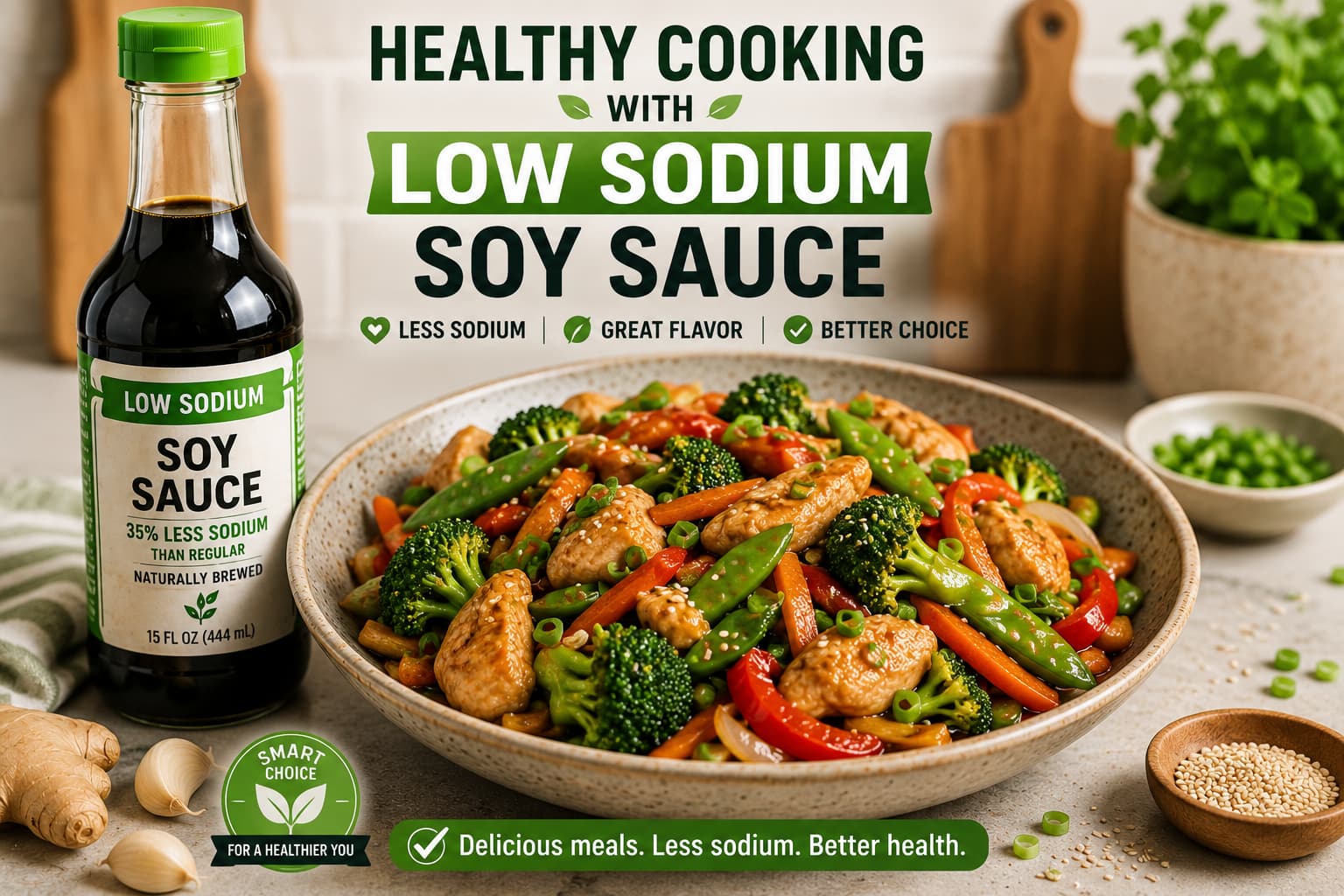 Healthy homemade chicken vegetable stir fry prepared with low sodium soy sauce