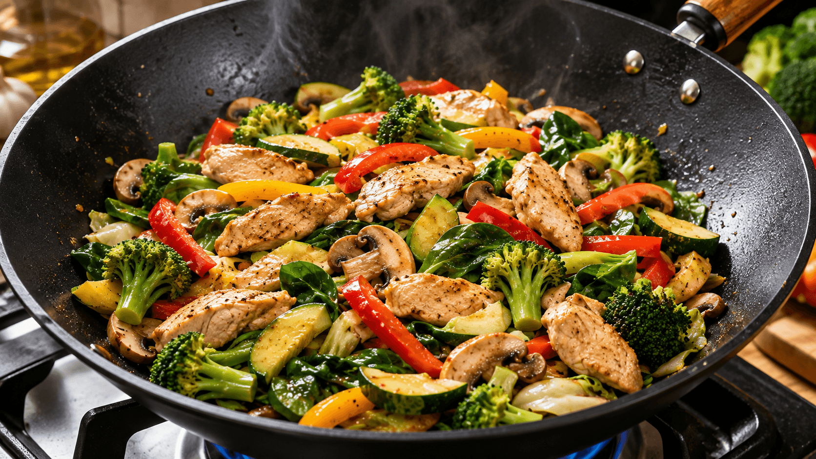 Healthy low carb stir fry vegetables cooking with chicken in a hot wok