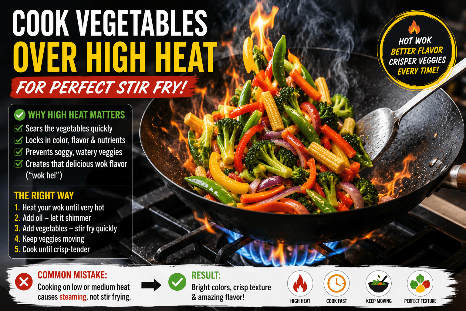 Cooking vegetables over high heat to avoid common vegetable stir fry mistakes
