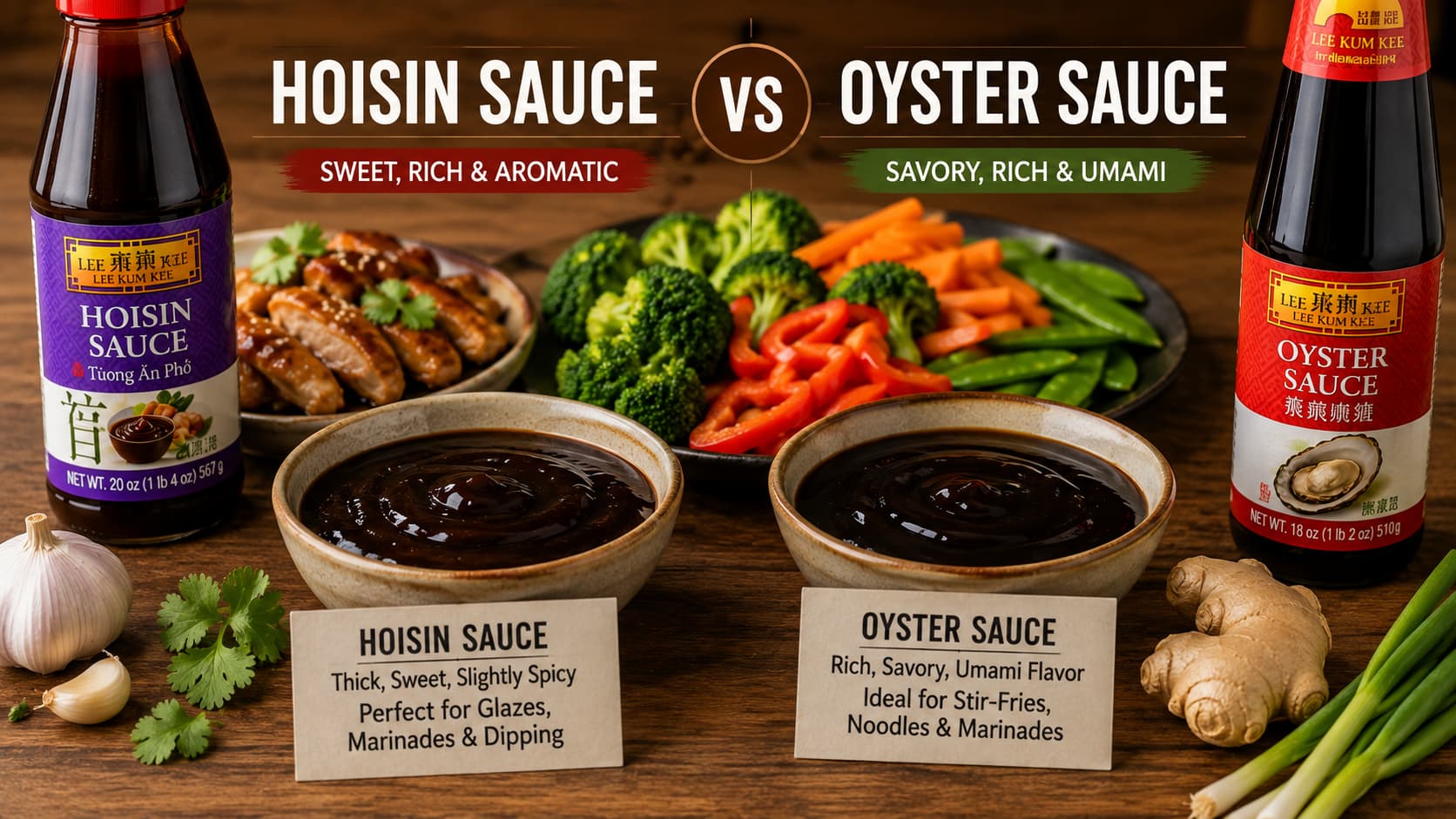 Hoisin sauce and oyster sauce served in small bowls beside fresh vegetables and cooked chicken for flavor comparison