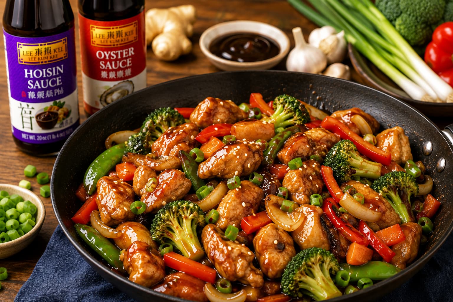 Finished homemade chicken stir fry showing the delicious results of using hoisin sauce and oyster sauce correctly