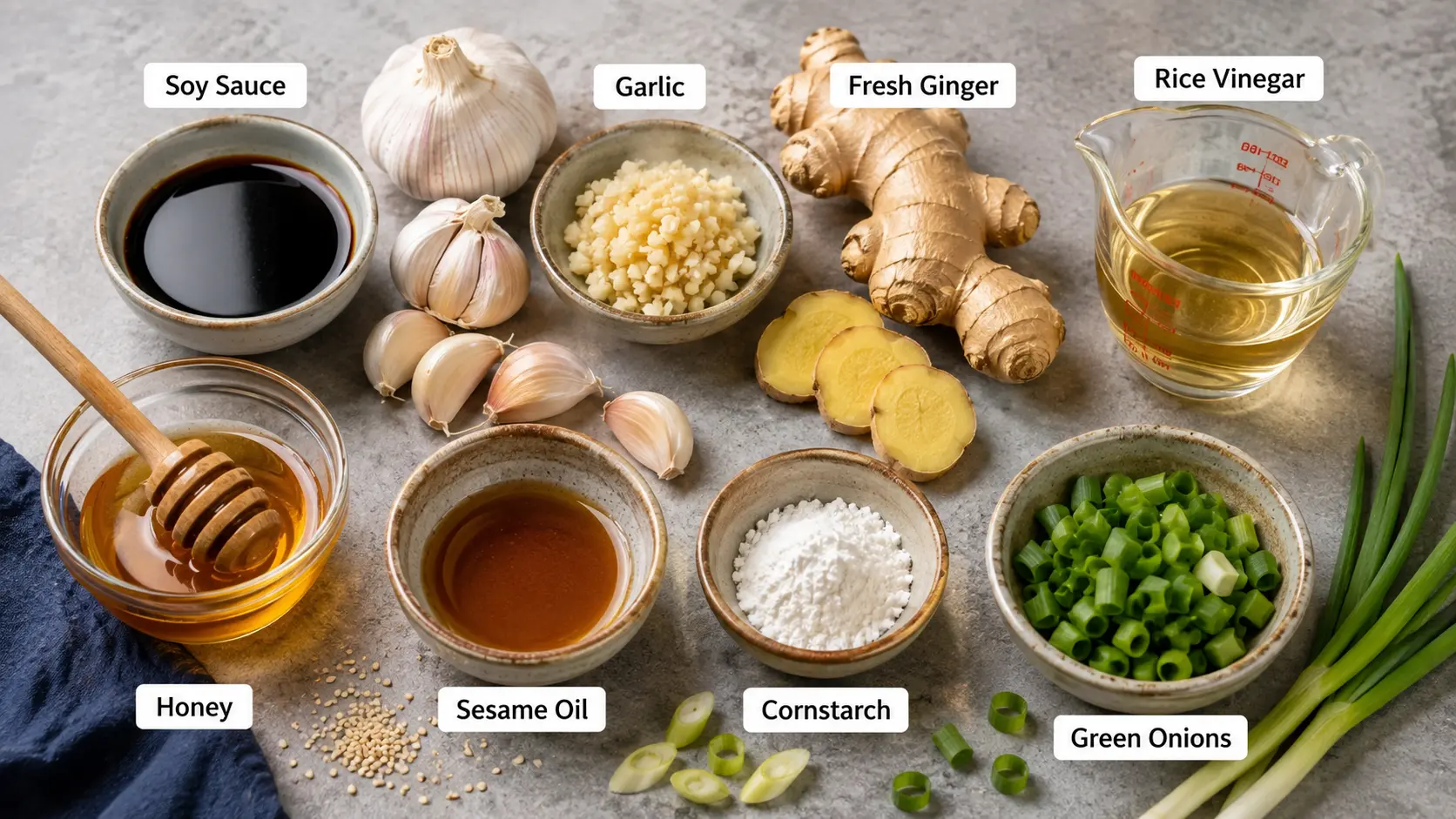 Common ingredients used to create homemade stir fry sauce variations including soy sauce garlic ginger honey sesame oil and rice vinegar