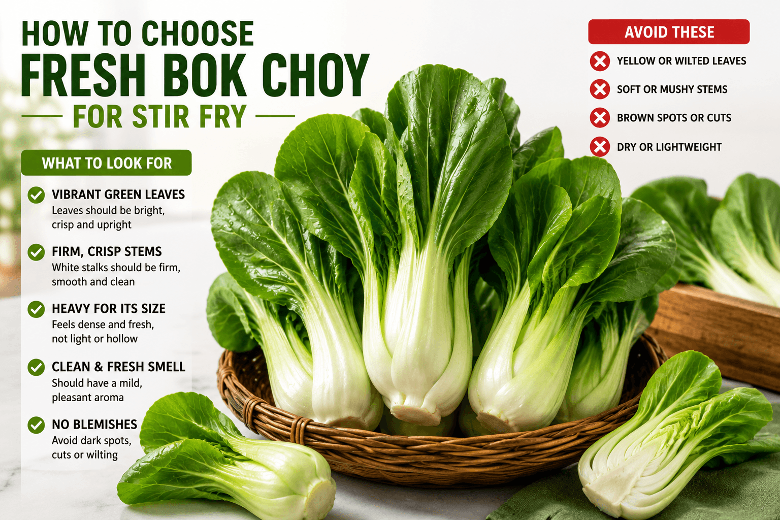 Fresh bok choy with crisp white stalks and vibrant green leaves selected for chicken stir fry