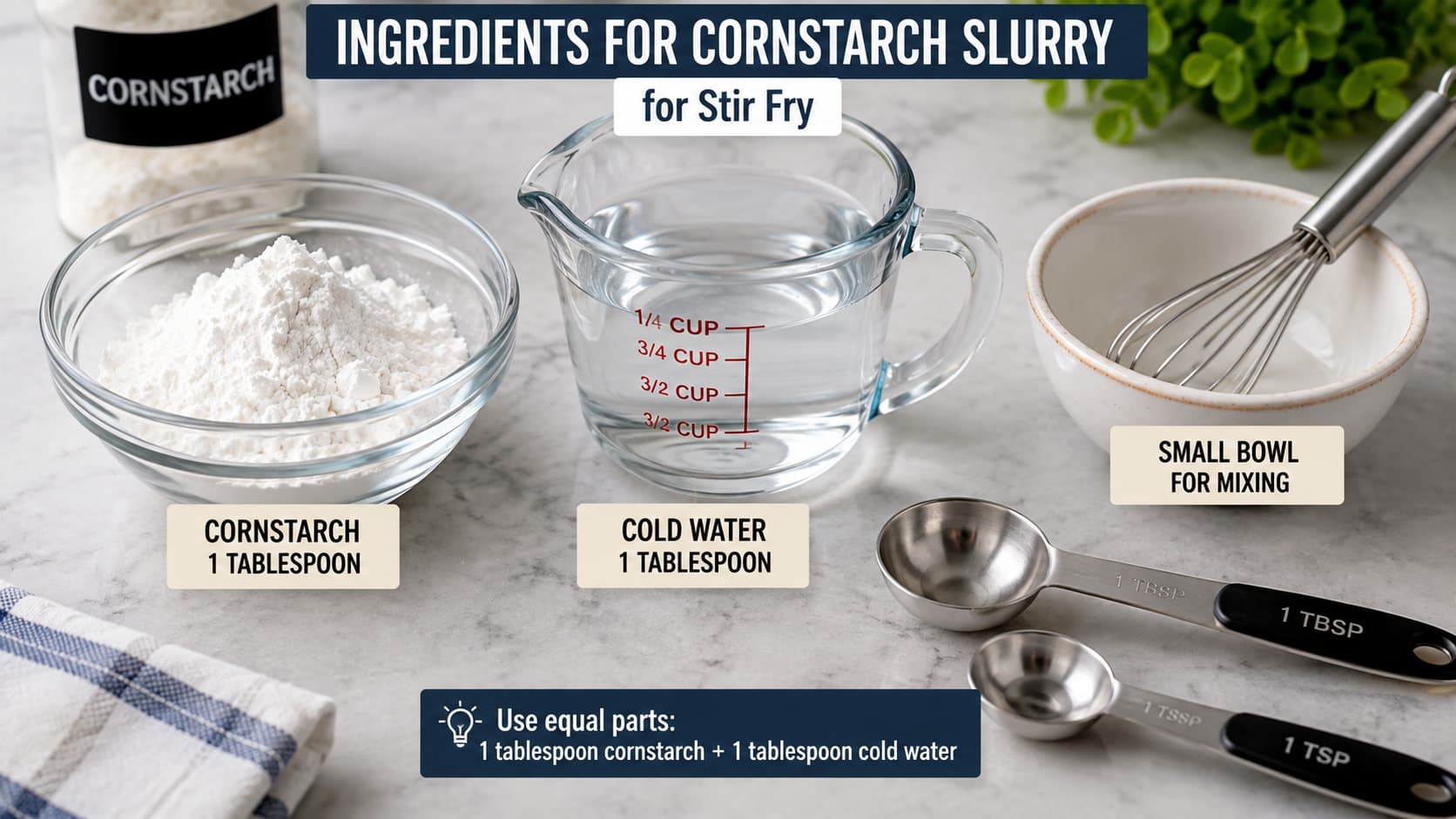 Cornstarch cold water measuring spoons and mixing bowl used to make cornstarch slurry for stir fry