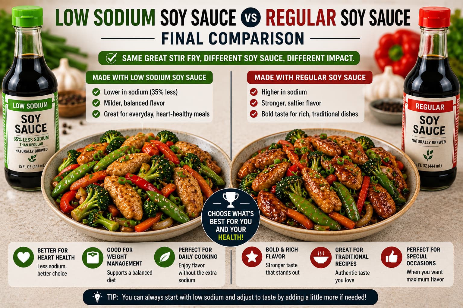 Finished homemade chicken stir fry made using low sodium soy sauce compared with regular soy sauce
