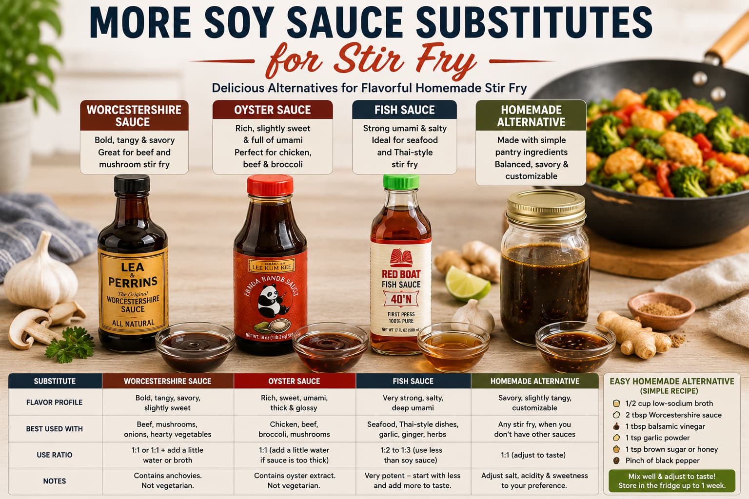 Different soy sauce substitutes for stir fry including Worcestershire sauce oyster sauce fish sauce and homemade alternatives