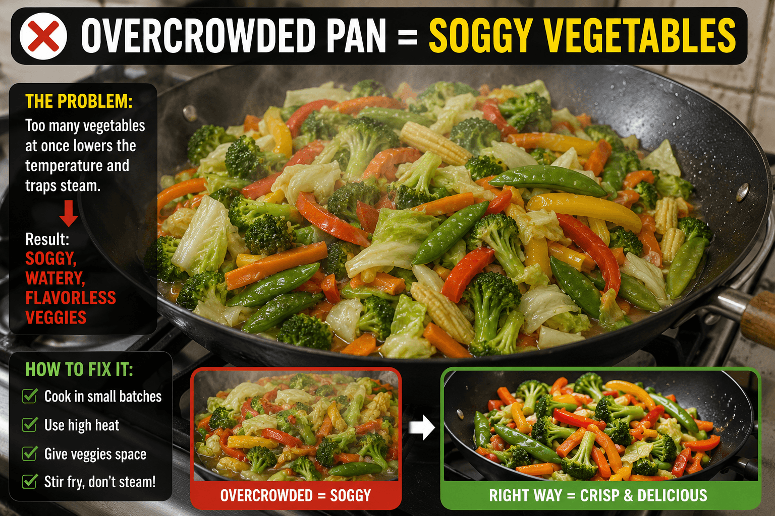 Overcrowded wok causing soggy vegetable stir fry mistakes during cooking
