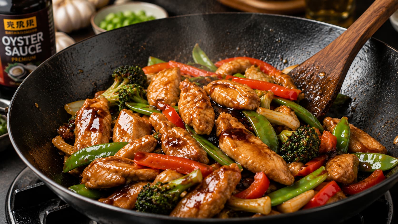 Chicken and vegetables evenly coated with oyster sauce during stir fry cooking