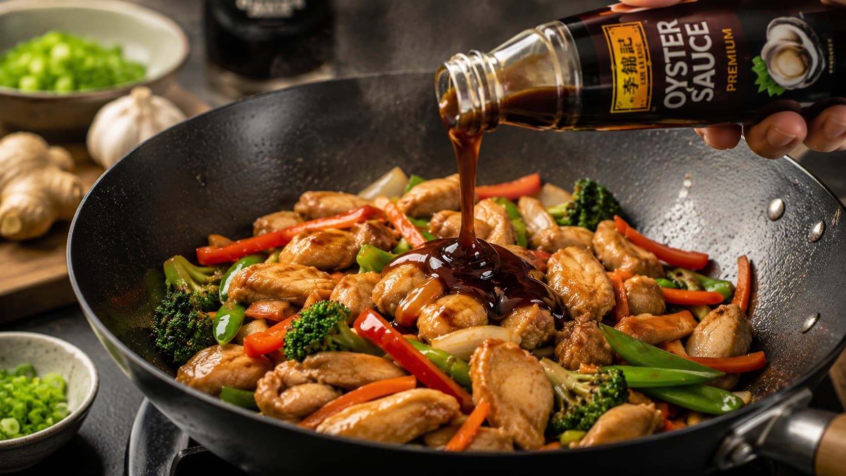 Adding oyster sauce to a homemade chicken stir fry for rich umami flavor and glossy sauce