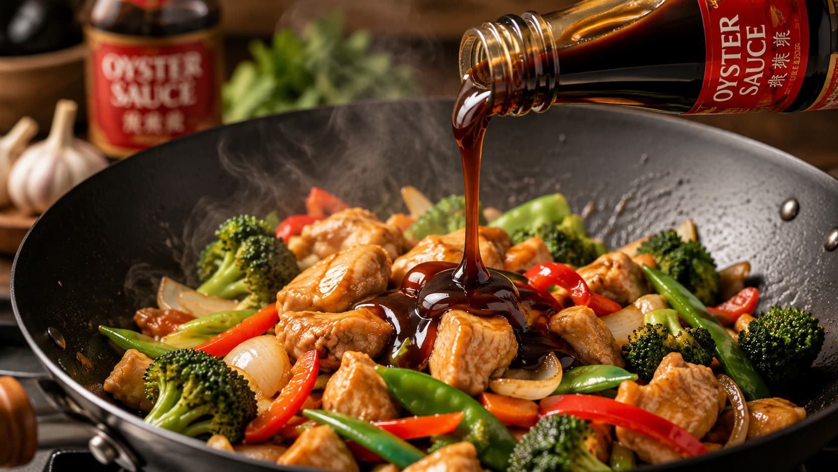 Oyster sauce being poured into a hot chicken and vegetable stir fry in a wok