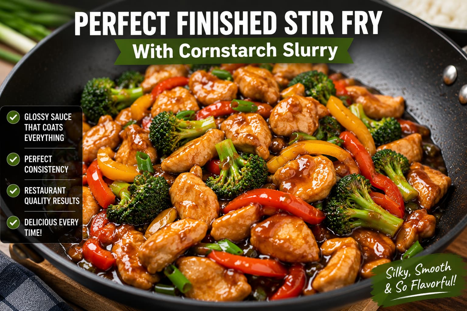 Finished chicken stir fry coated in a glossy sauce made with the perfect cornstarch slurry for stir fry