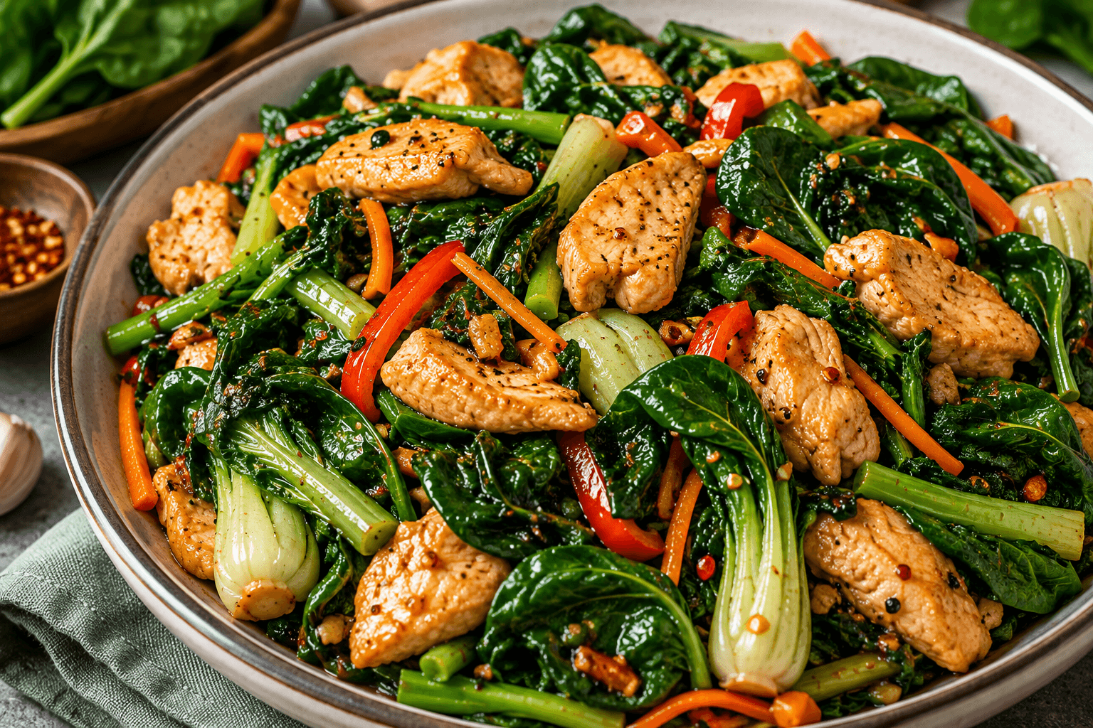 Perfect healthy chicken stir fry made with the best leafy greens stir fry vegetables served fresh