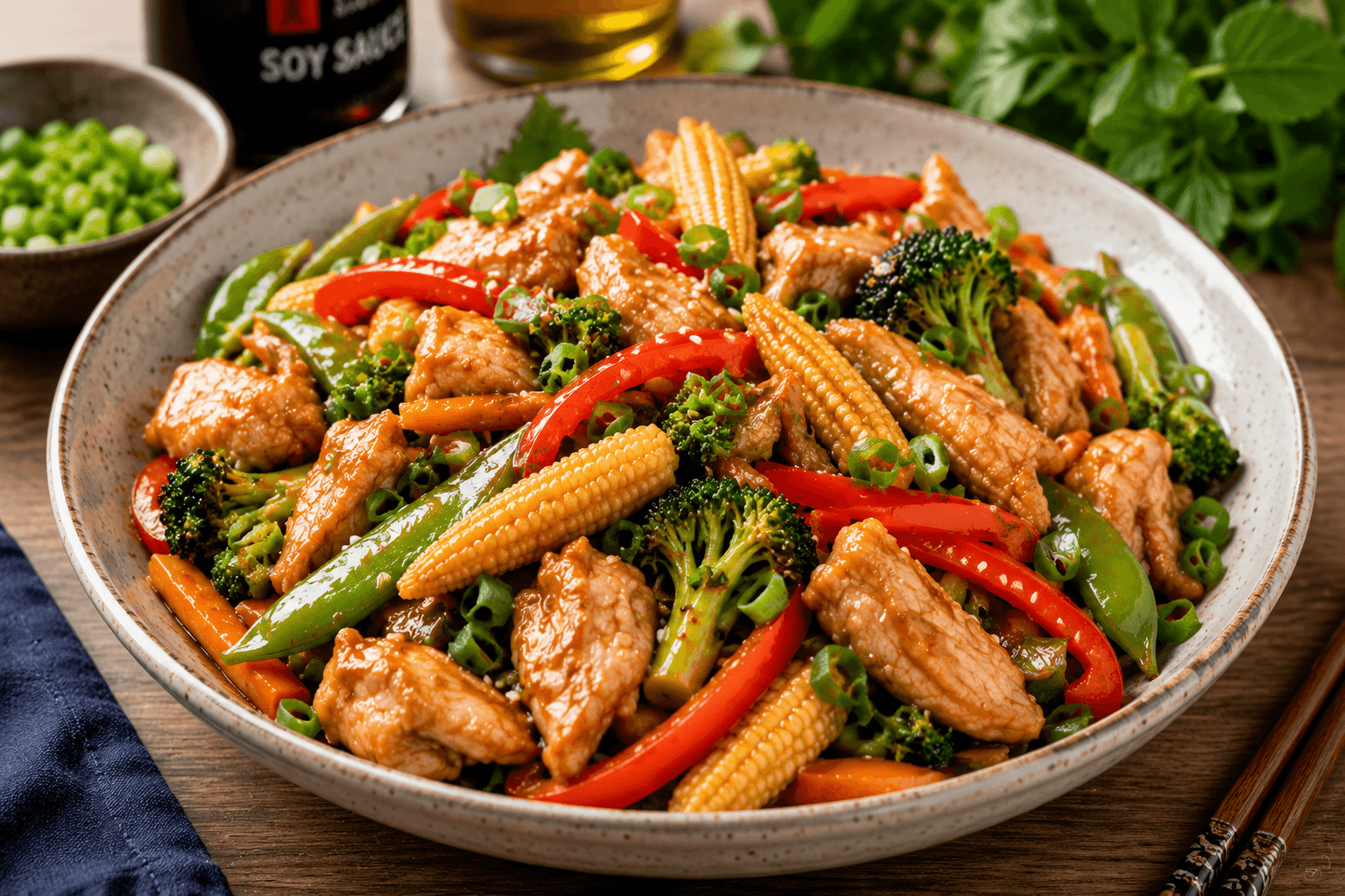 Perfect homemade baby corn stir fry served with colorful vegetables and juicy chicken