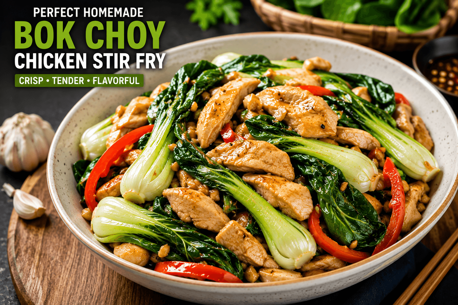 Perfect homemade chicken stir fry with crisp-tender bok choy served fresh in a bowl