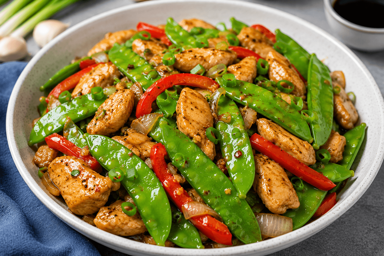 Perfect homemade chicken stir fry with crisp-tender snow peas served fresh in a bowl