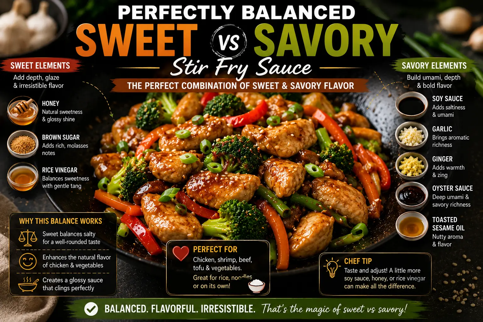 Perfectly balanced homemade chicken stir fry using a combination of sweet and savory stir fry sauce