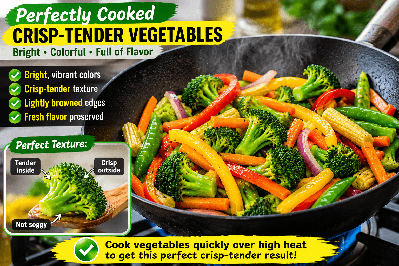 Perfectly cooked crisp tender vegetables showing the ideal stir fry texture