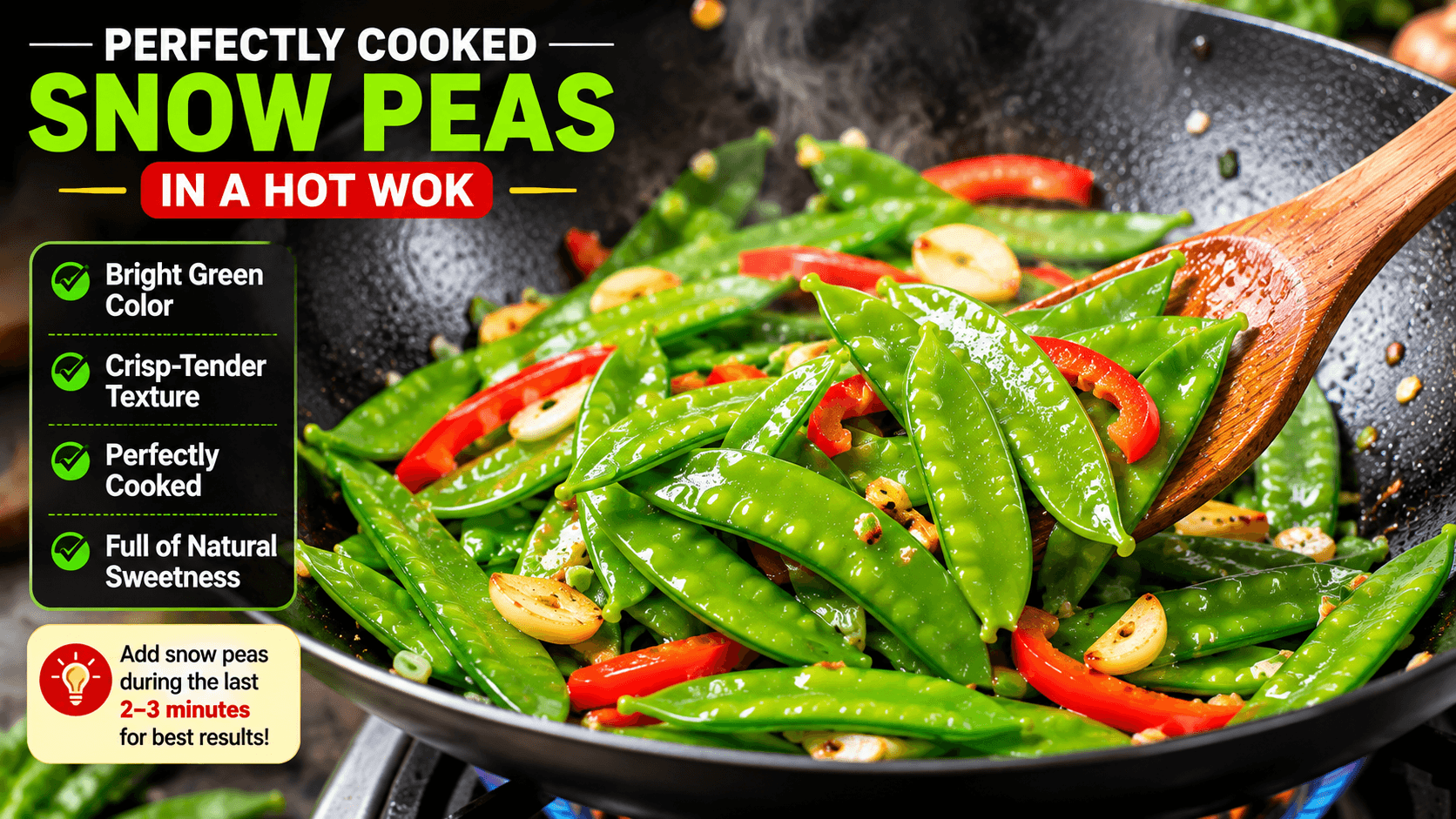 Perfectly cooked snow peas turning bright green in a hot wok during stir fry cooking