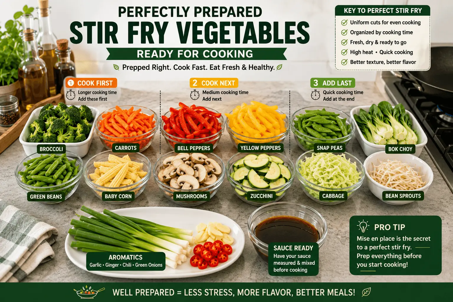 Perfectly prepared stir fry vegetables arranged by cooking order on a kitchen counter