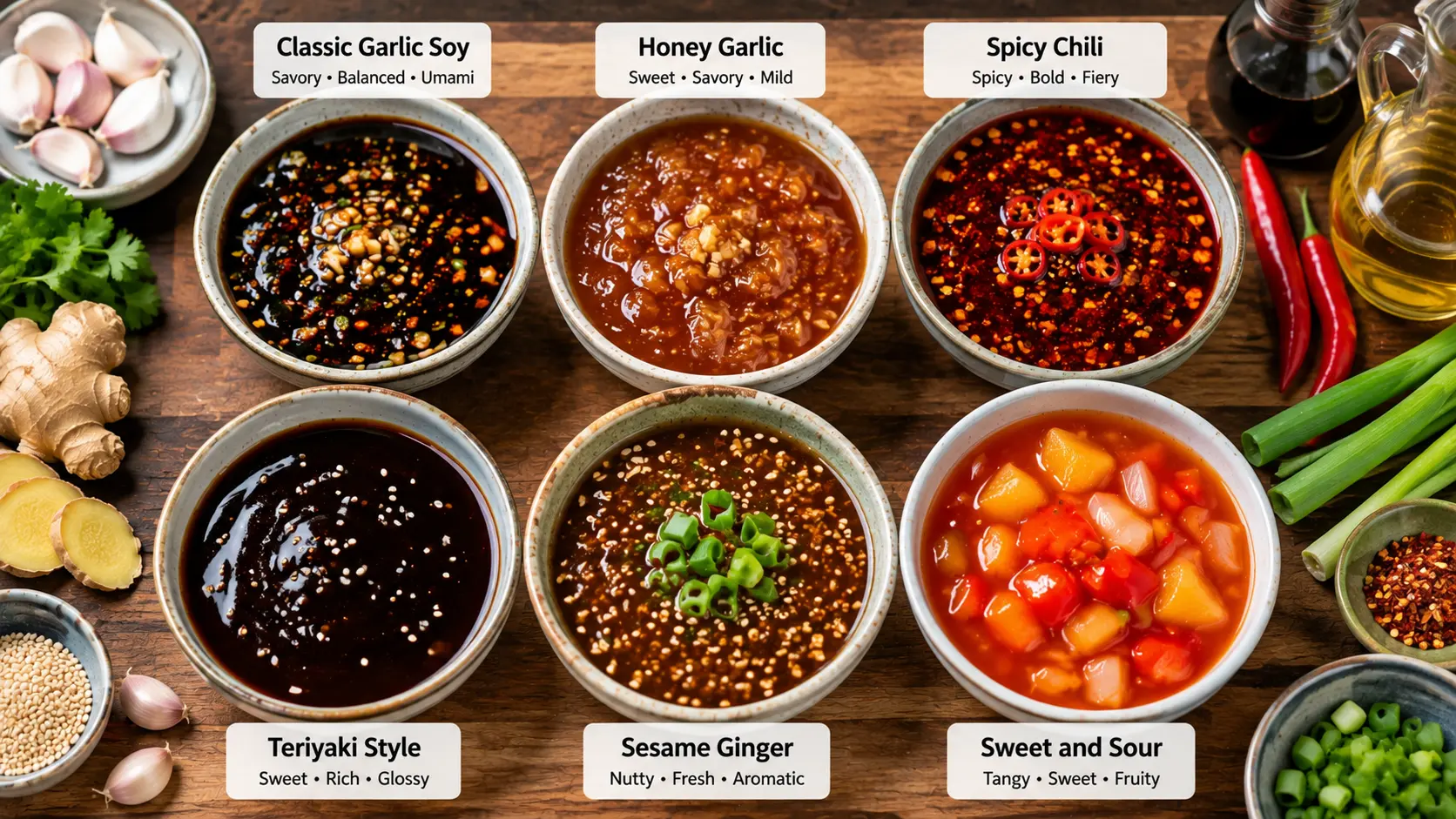 Popular homemade stir fry sauce variations including classic garlic honey garlic spicy teriyaki sesame ginger and sweet and sour sauces