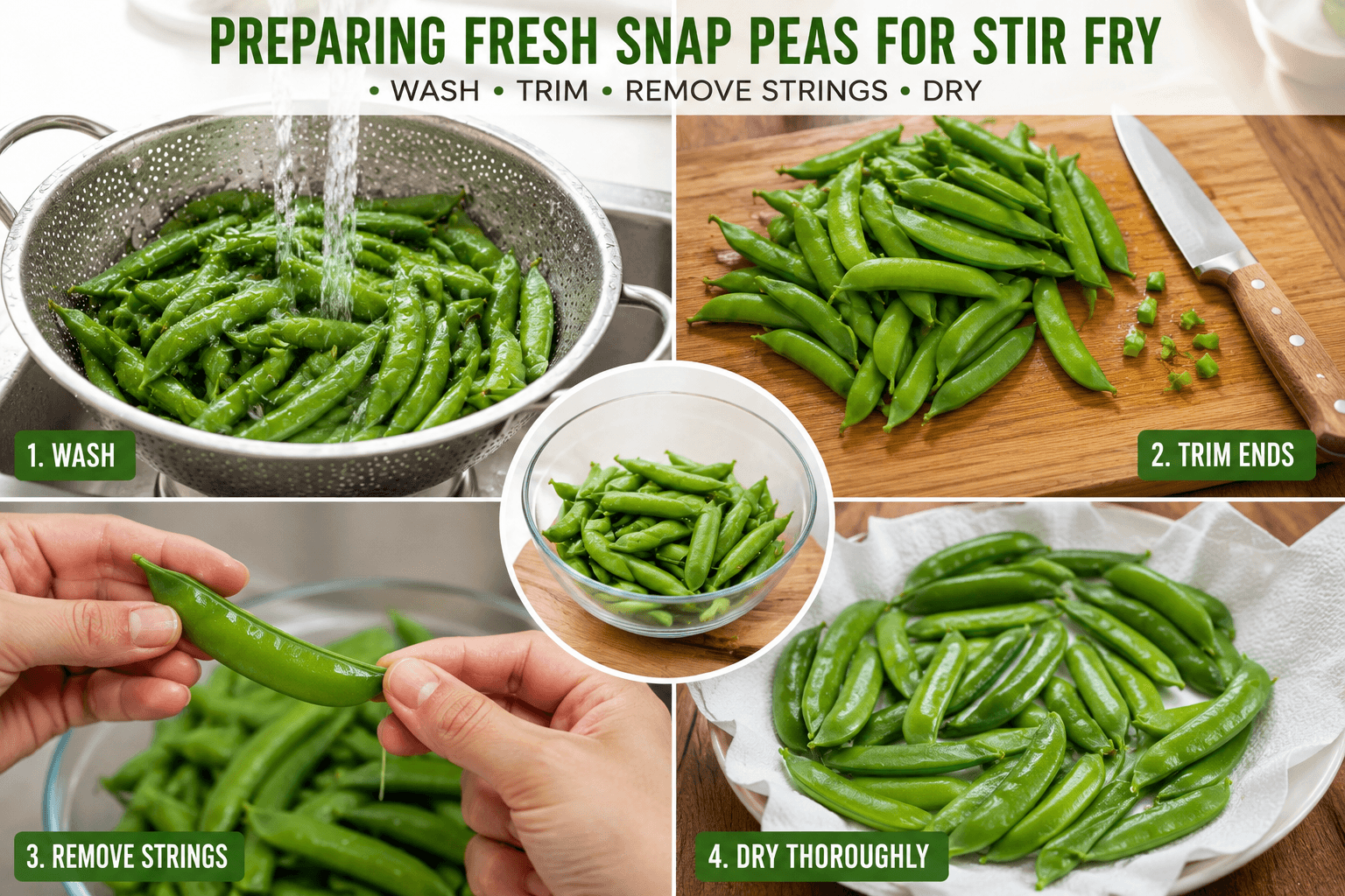 Fresh snap peas being washed, trimmed, and dried before cooking in a stir fry