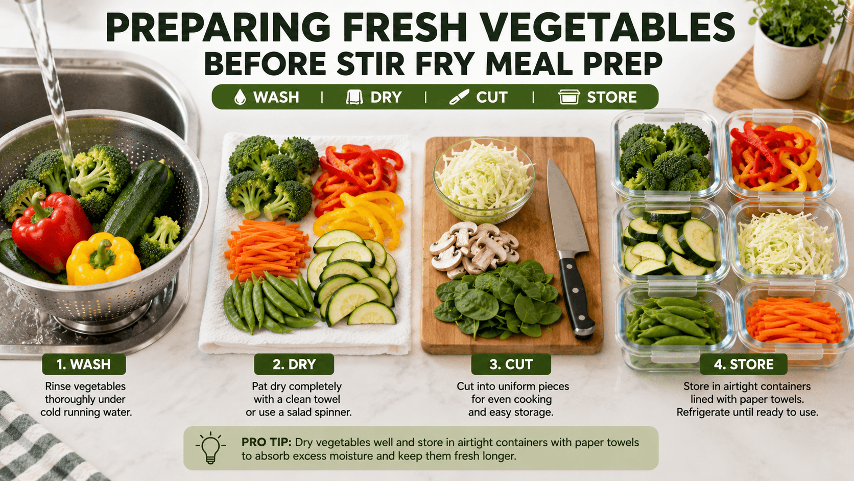 Preparing fresh vegetables before storing for stir fry meal prep by washing drying and cutting vegetables