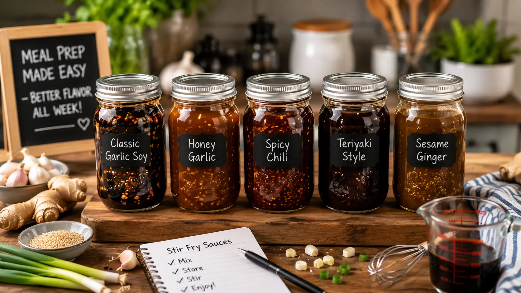 Preparing homemade stir fry sauce variations in glass jars for weekly meal prep