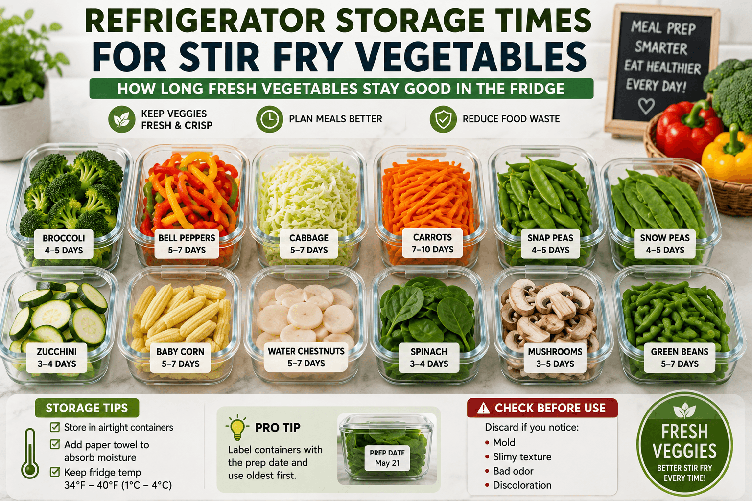 Fresh stir fry vegetables stored in labeled airtight containers showing recommended refrigerator storage times