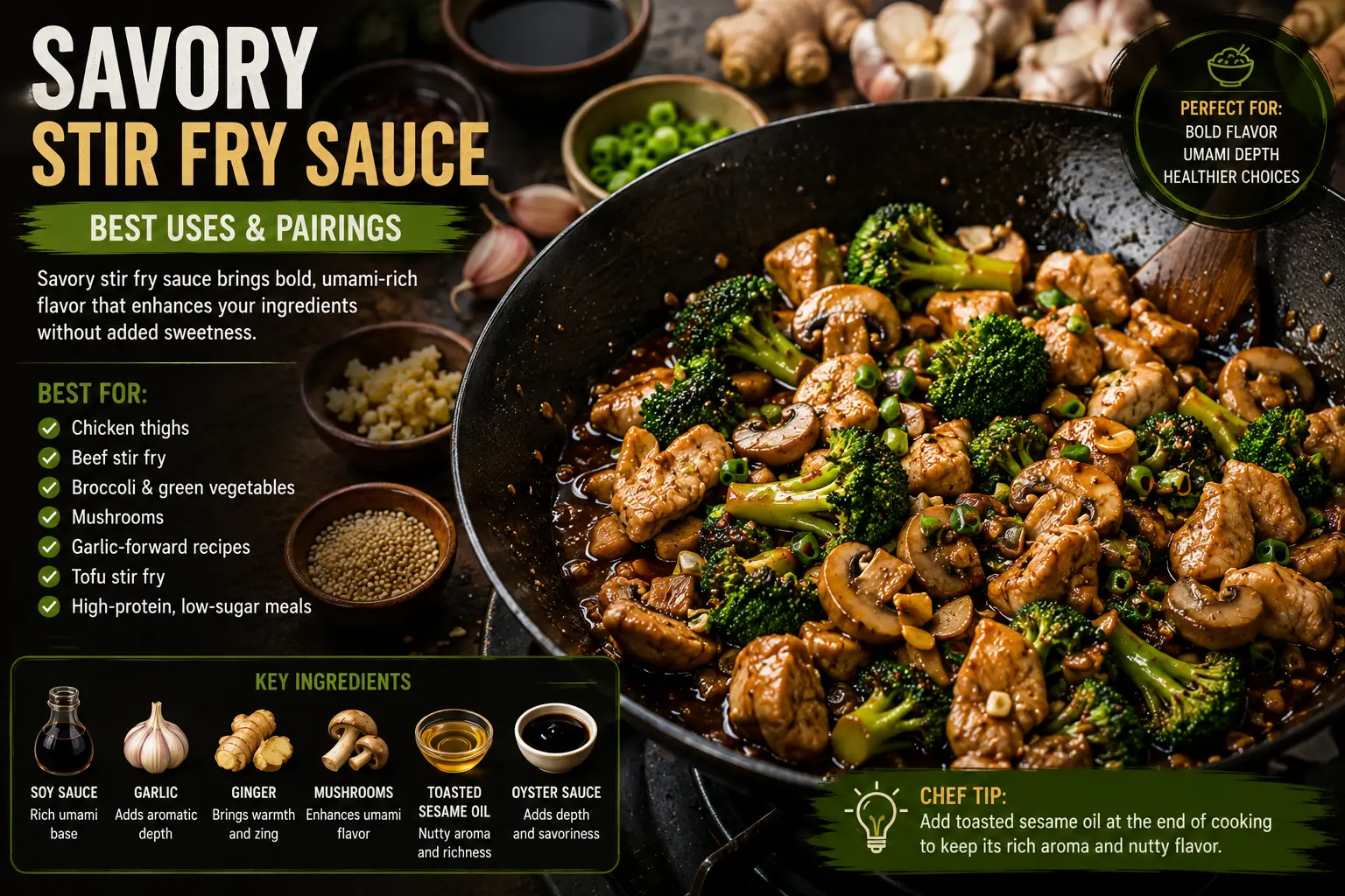 Savory stir fry sauce served with chicken broccoli mushrooms garlic and soy sauce in a wok