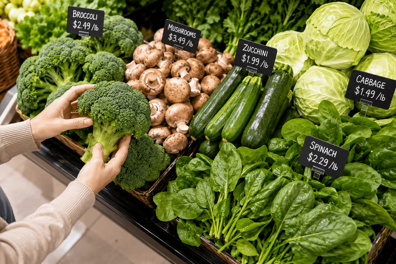 Choosing fresh broccoli mushrooms zucchini cabbage and spinach for low carb stir fry vegetables