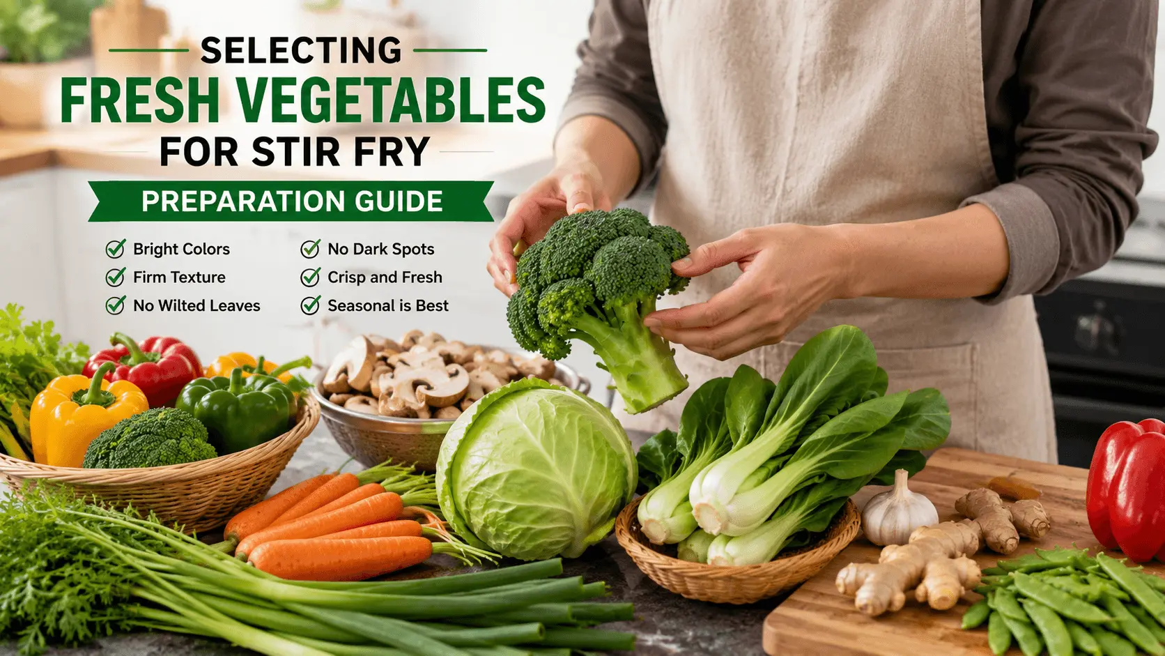 Selecting fresh vegetables for a stir fry vegetable preparation guide at a kitchen counter