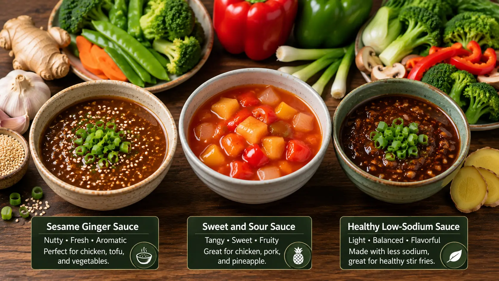 Sesame ginger sweet and sour and healthy homemade stir fry sauce variations served with fresh vegetables