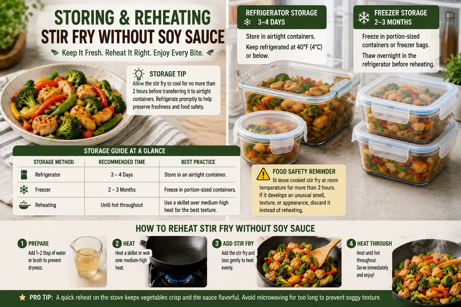 Properly storing homemade stir fry without soy sauce in airtight containers for refrigeration and reheating