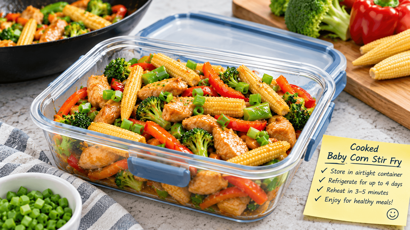 Cooked baby corn stir fry stored in an airtight container for refrigerator meal prep