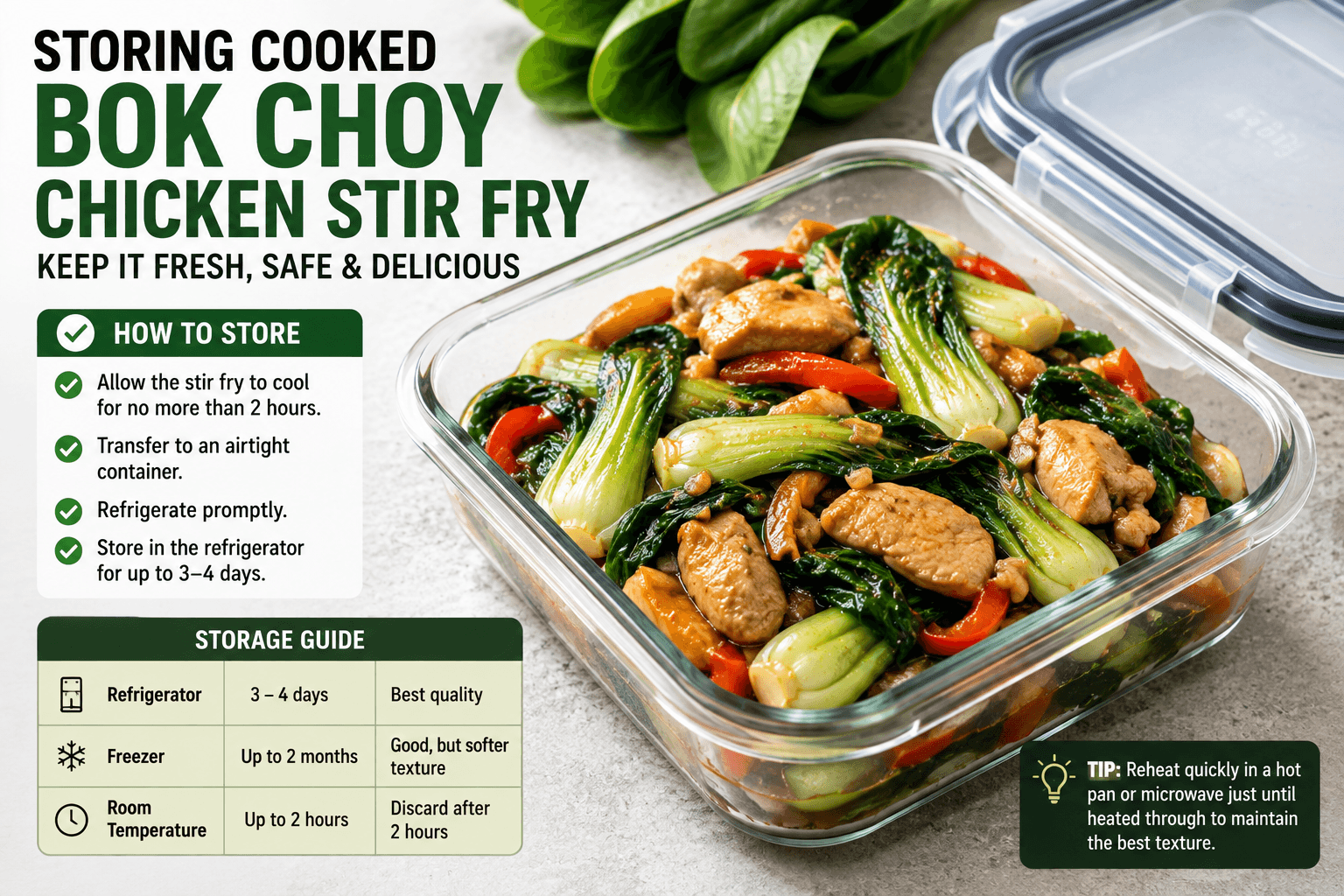 Cooked bok choy chicken stir fry stored in an airtight container for refrigerator meal prep