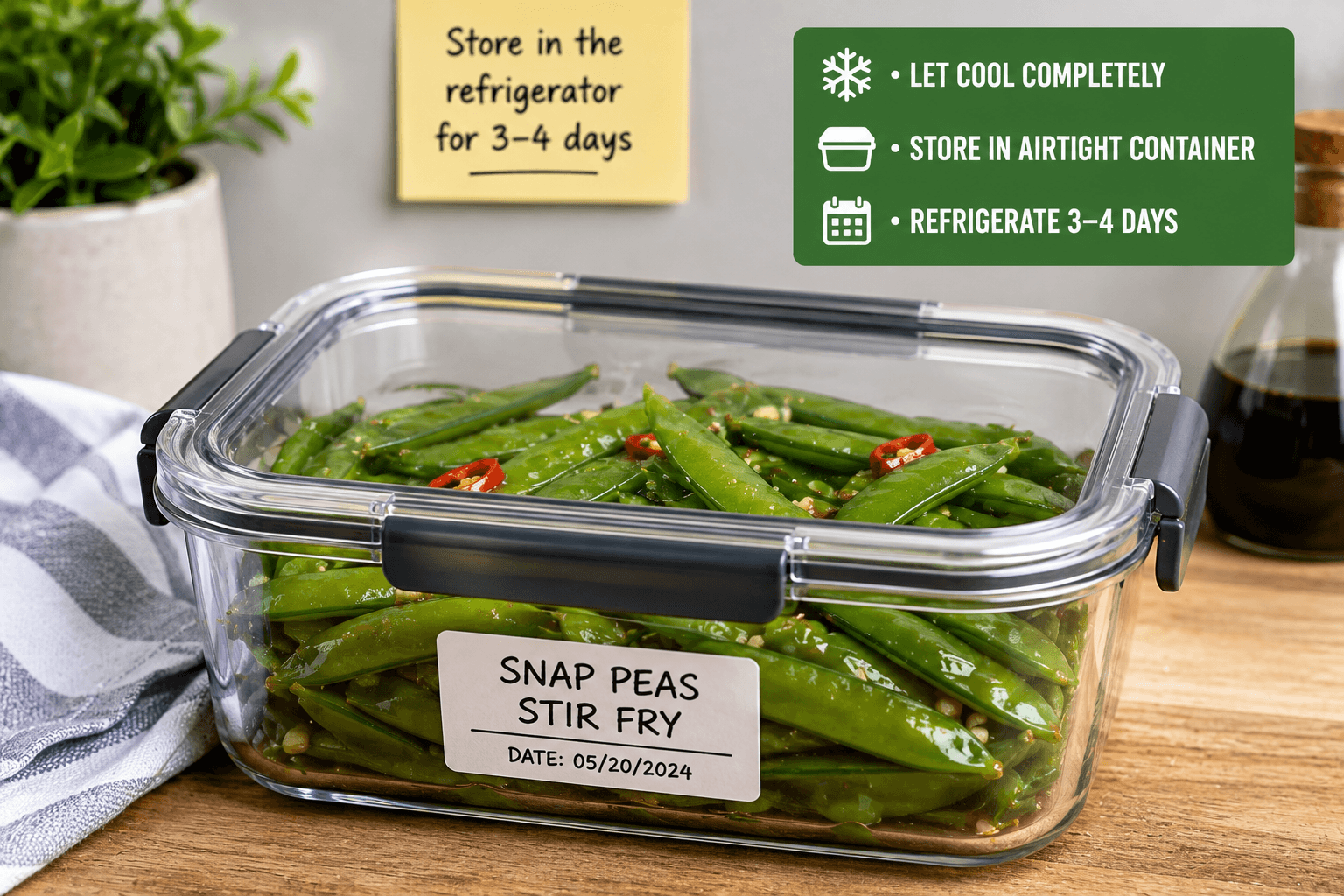 Cooked snap peas stored in an airtight container for refrigerator meal prep
