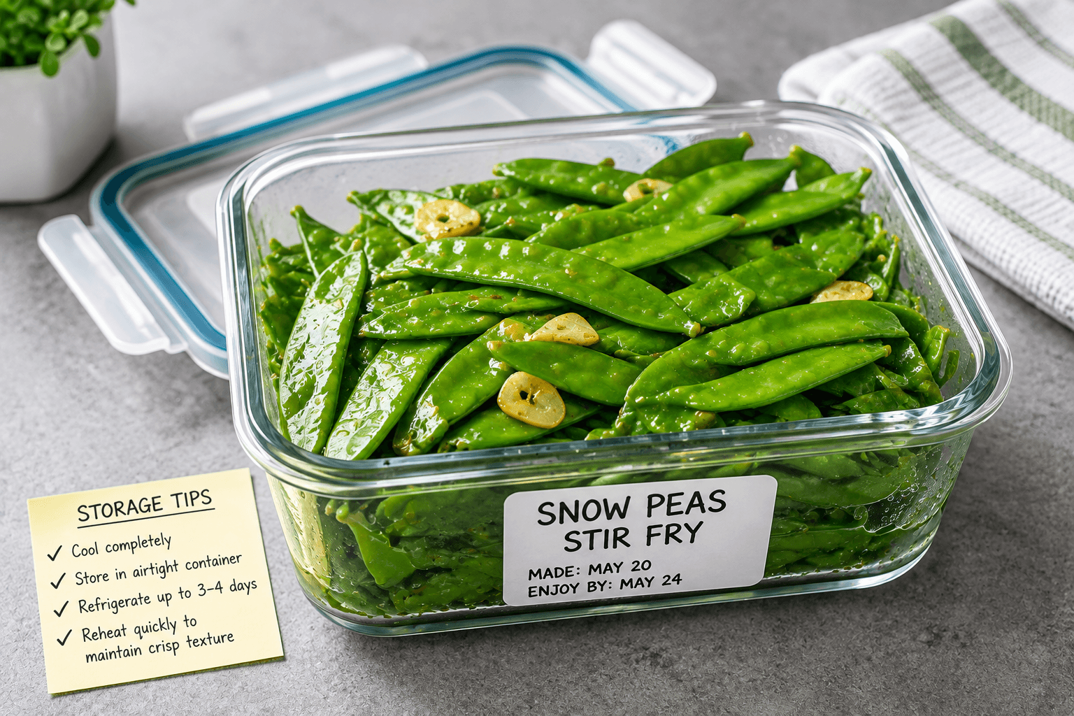 Cooked snow peas for stir fry stored in an airtight container for refrigerator meal prep