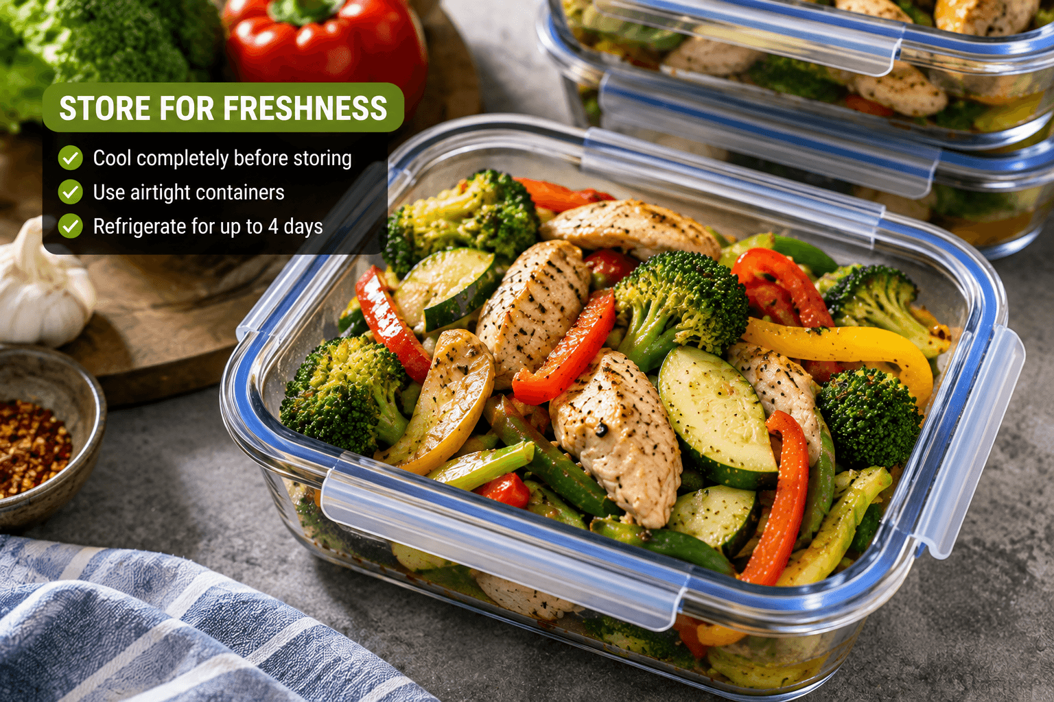 Low carb chicken stir fry with vegetables stored in an airtight container for meal prep