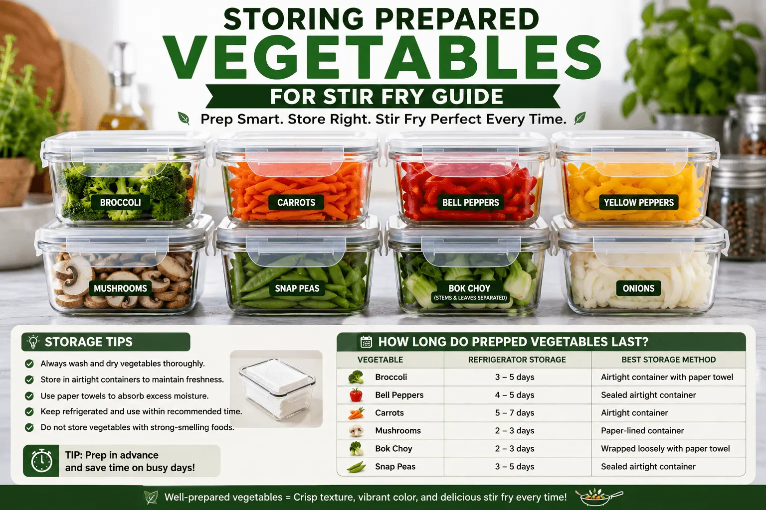 Prepared stir fry vegetables stored in airtight containers as part of a stir fry vegetable preparation guide