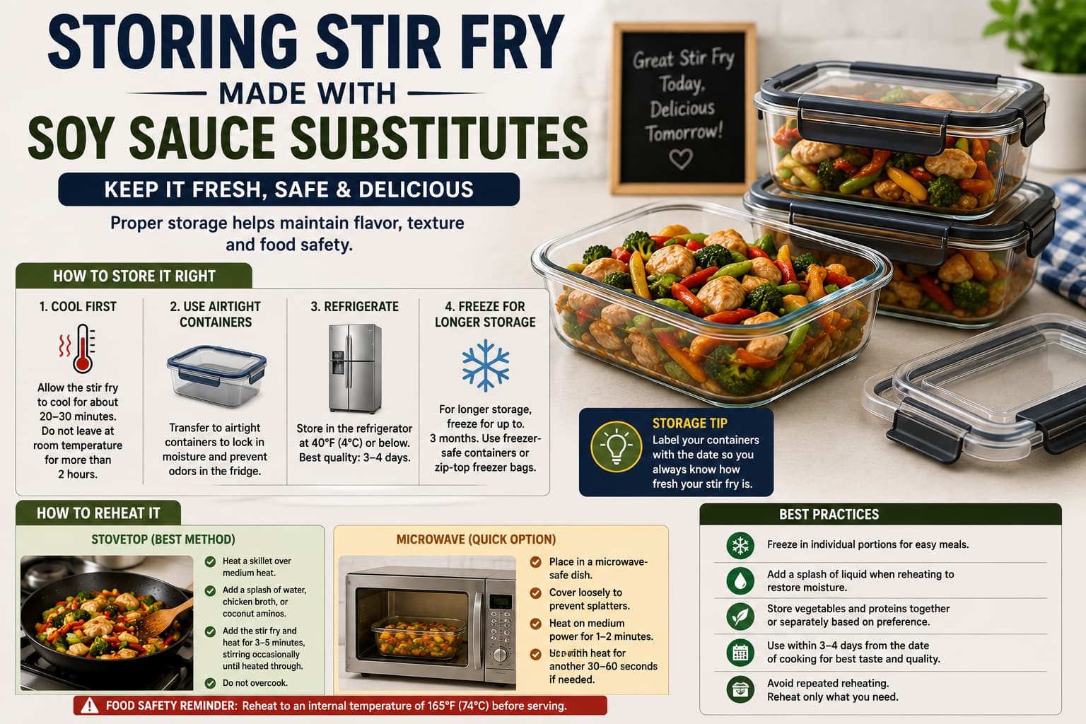 Properly storing homemade stir fry made with soy sauce substitutes in airtight containers for refrigeration and reheating