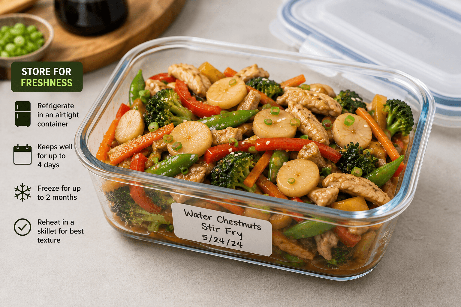 Water chestnuts stir fry stored in an airtight container for refrigerator meal prep