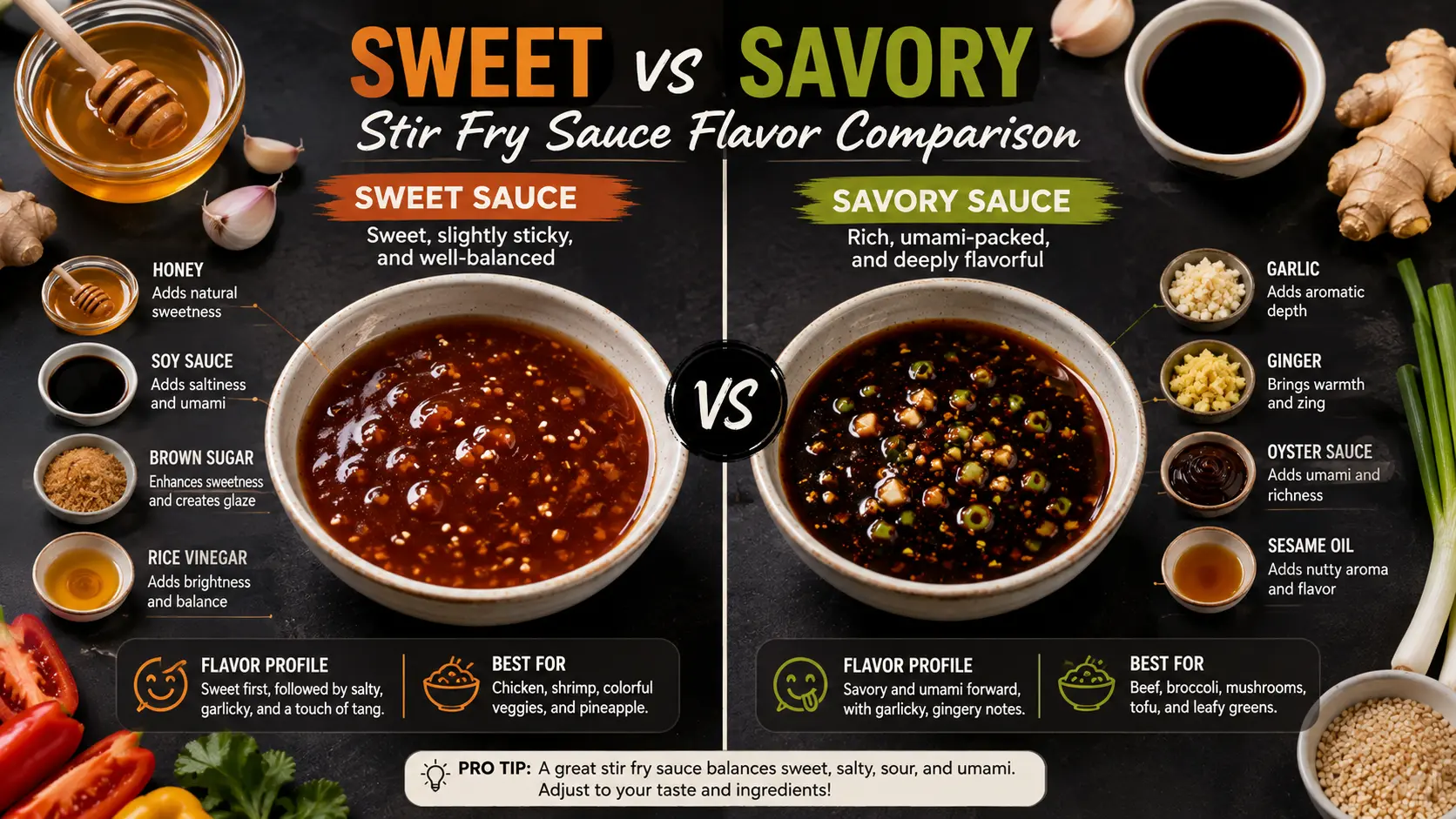 Comparing the flavor profile of sweet vs savory stir fry sauce with ingredients like honey soy sauce garlic and ginger