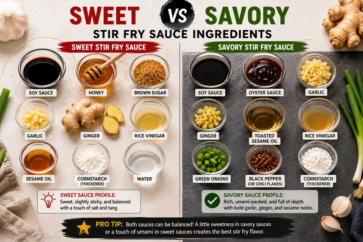 Ingredients used to make sweet vs savory stir fry sauce including soy sauce honey garlic ginger sesame oil and oyster sauce