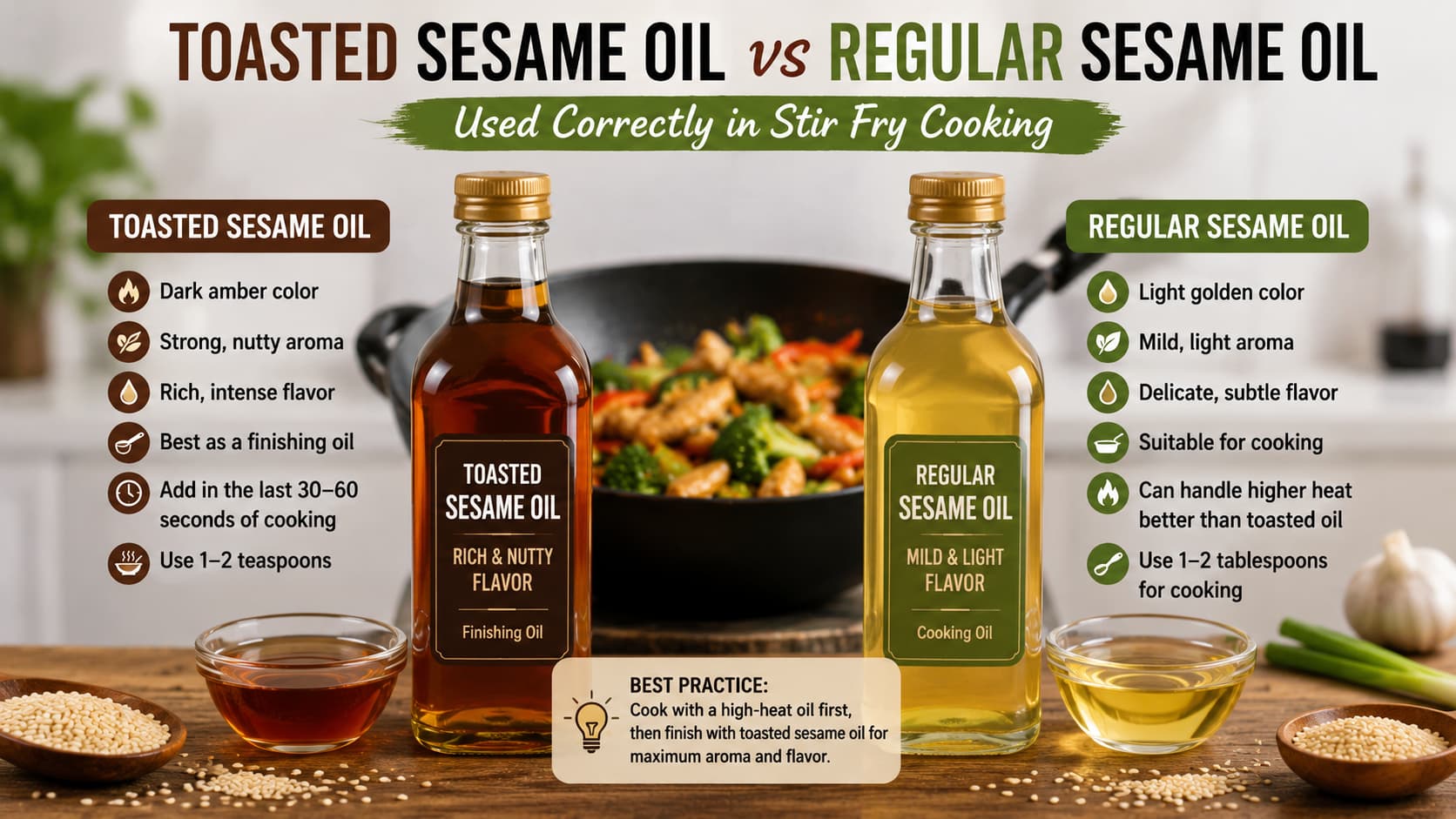 Toasted sesame oil and regular sesame oil used correctly in stir fry cooking