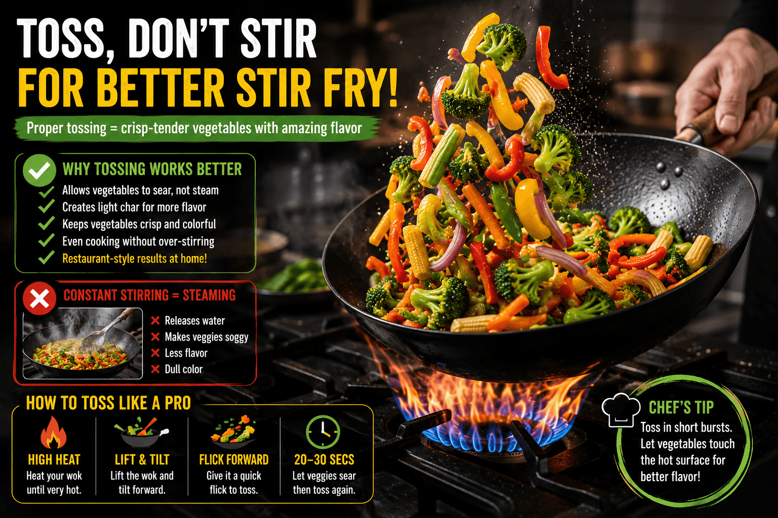 Properly tossing vegetables in a hot wok instead of constantly stirring