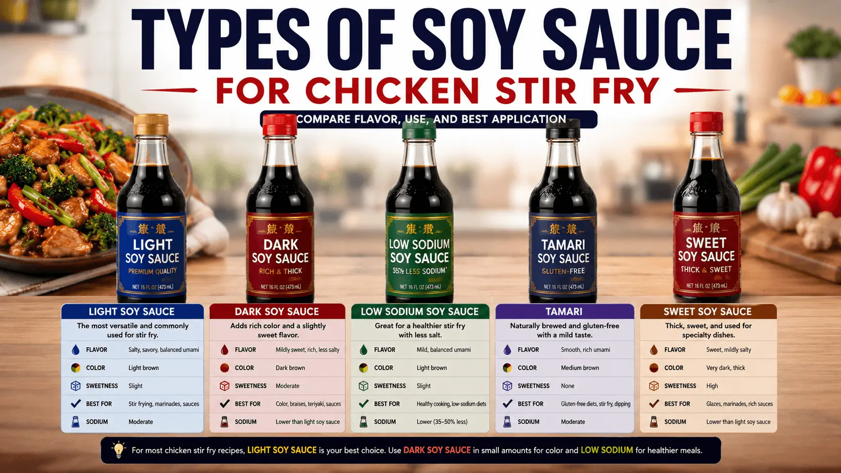 Comparison of light soy sauce, dark soy sauce, low sodium soy sauce, tamari, and sweet soy sauce for chicken stir fry