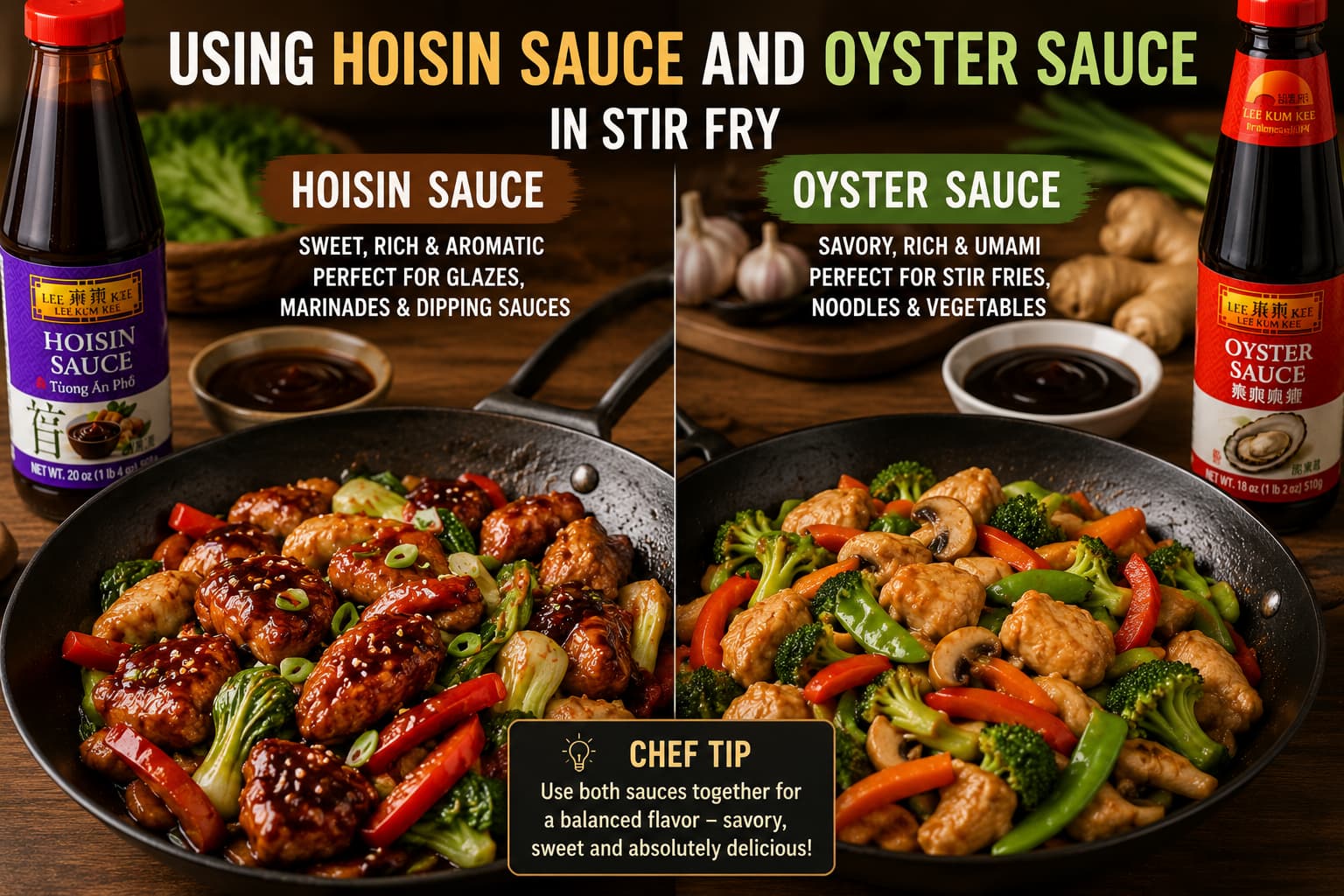 Chicken and vegetable stir fry showing how hoisin sauce and oyster sauce are used in different recipes