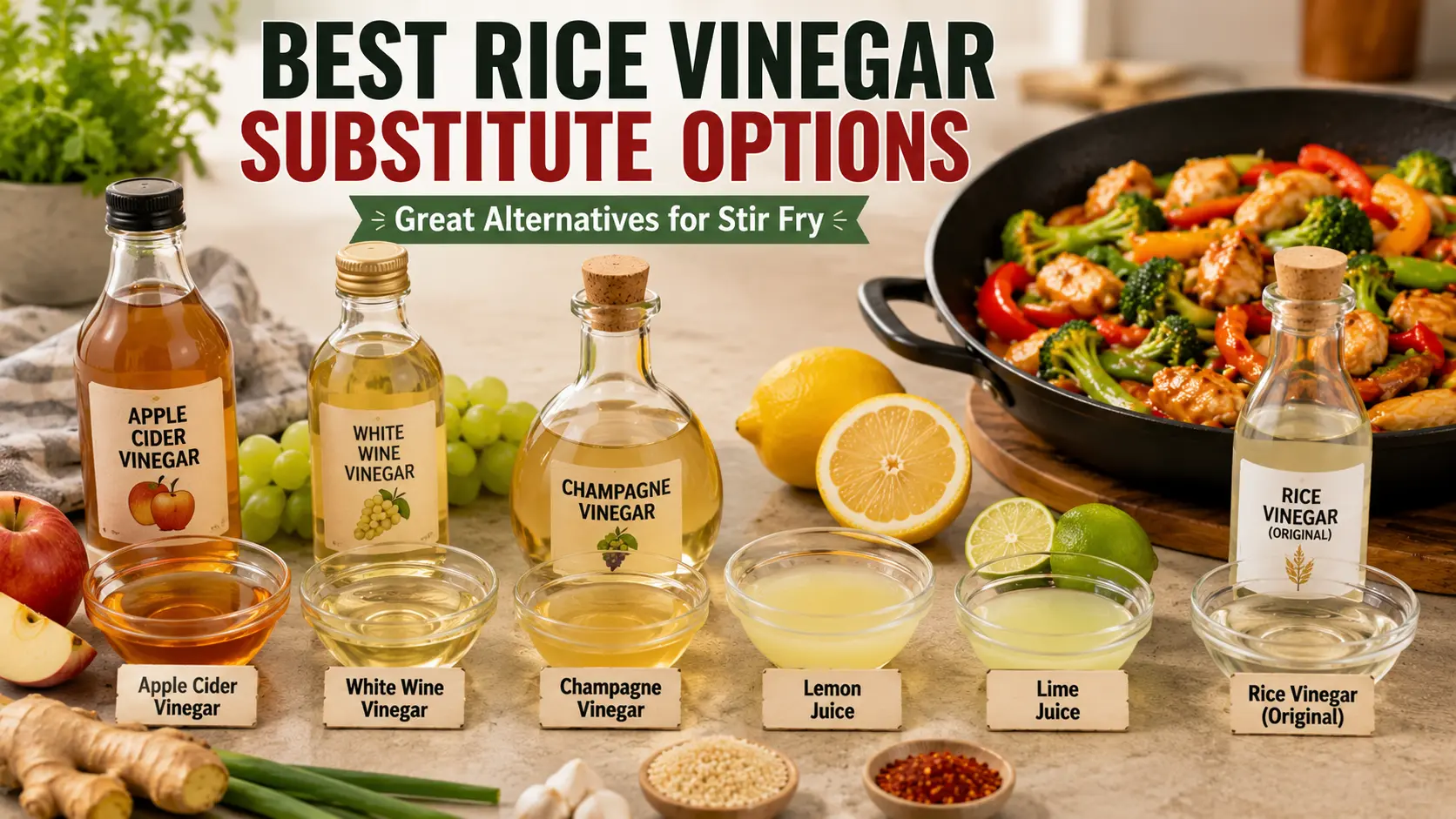 Apple cider vinegar, white wine vinegar, lemon juice, lime juice, and champagne vinegar as rice vinegar substitutes for stir fry