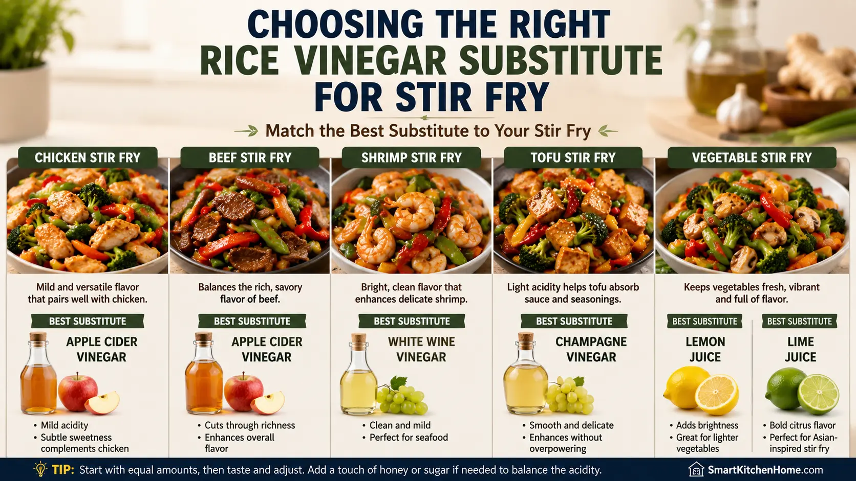 Choosing the best rice vinegar substitute for chicken, beef, shrimp, tofu, and vegetable stir fry